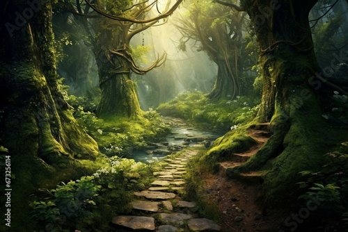 A pathway surrounded by lush trees and vegetation in a mystical woodland. Generative AI