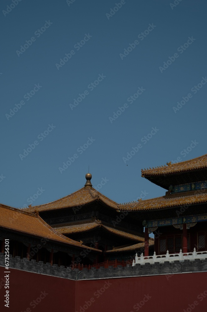 Majestic view of a temple roof in the Forbidden City in Beijing, China