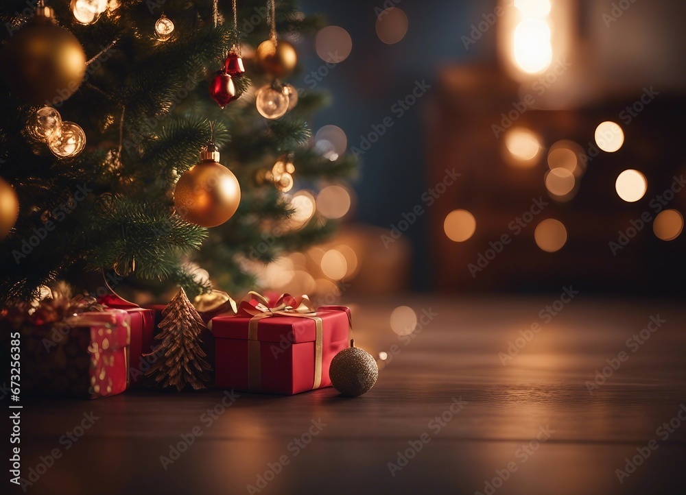 christmas tree with gift boxes and bokeh background