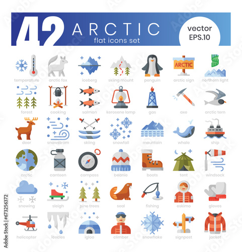 Set of Arctic icons. Flat style icon bundle. Vector Illustration