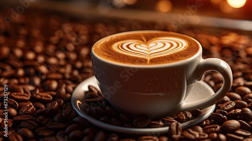 A Cup of Cappuccino Coffee Drawn with a Heart on The Side of Coffee Beans on Blurry Background