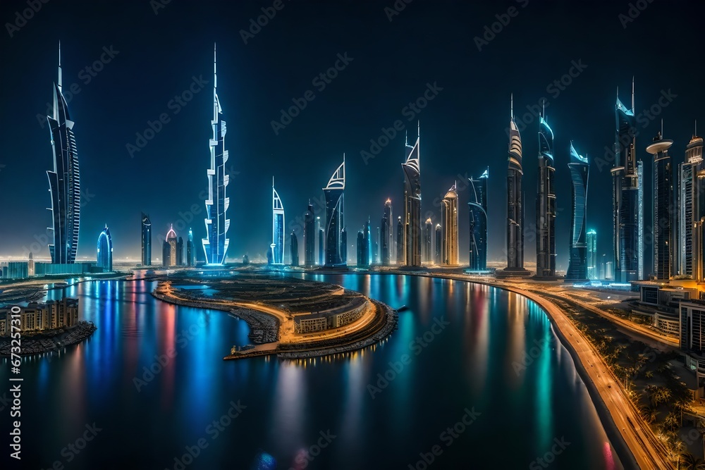 country marina at night country, A panoramic view of the Dubai city skyline at night