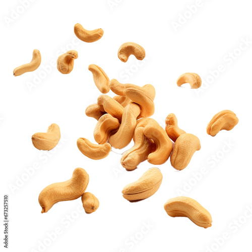 A photography of falling cashew nuts isolated on white transparent background. Created with generative AI