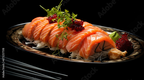 Japanese Smoked Salmon in Plate on Blurry Background