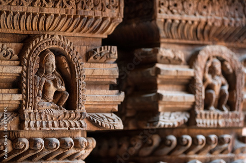 Carved wood wall decoration in Patan Durbar Square royal medieval palace and UNESCO World Heritage Site. Lalitpur, Nepal. © Soloviova Liudmyla