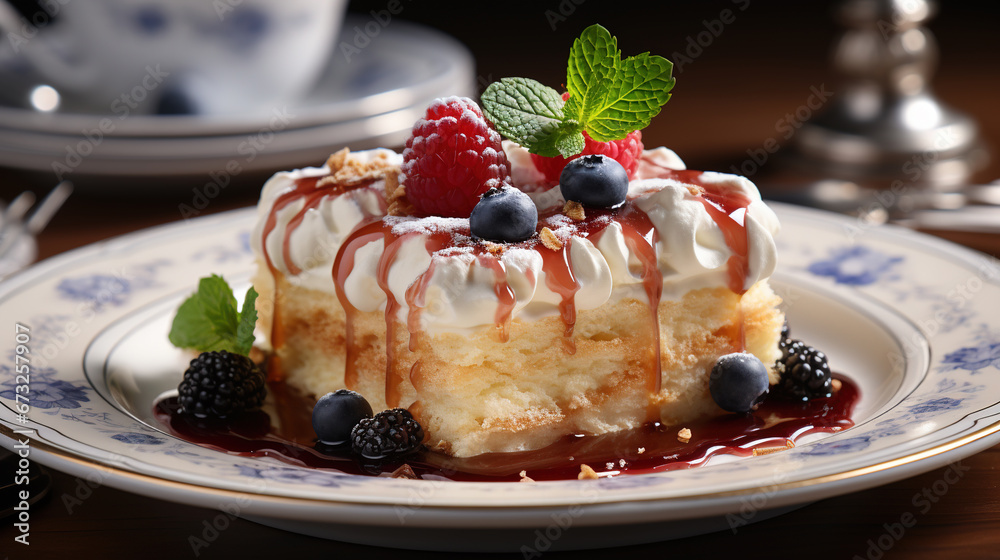 Very Delicious Cream Cake Michelin Dessert on Blurry Background Very Delicious Cream Cake Michelin Dessert on Blurry Background