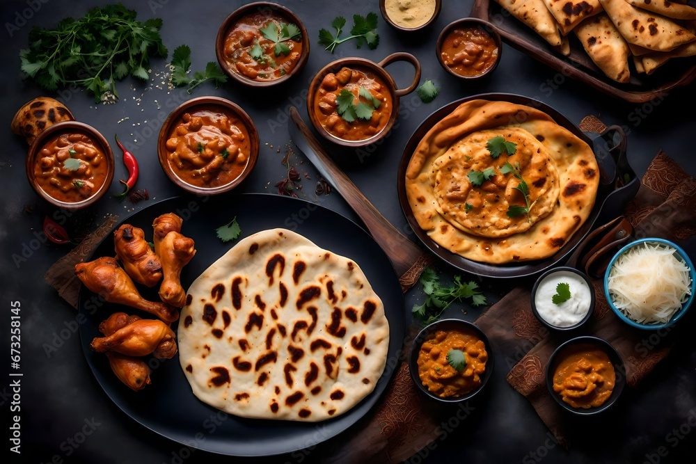 beans in a frying pan, Naan roti and chicken makhani butter, Indian food