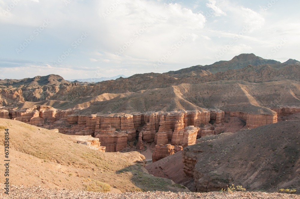 Valley of castles or a part of Charyn canyon in the Republic of Kazakhstan in the evening light