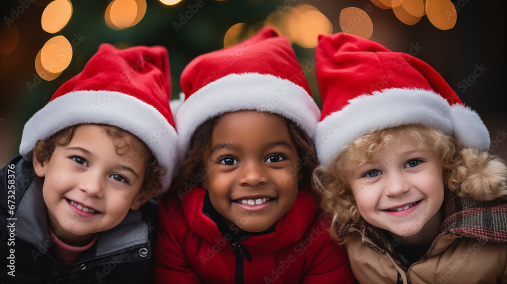 Portrait of happy children in santa hats against christmas lights Portrait of happy children in santa hats against christmas lights
