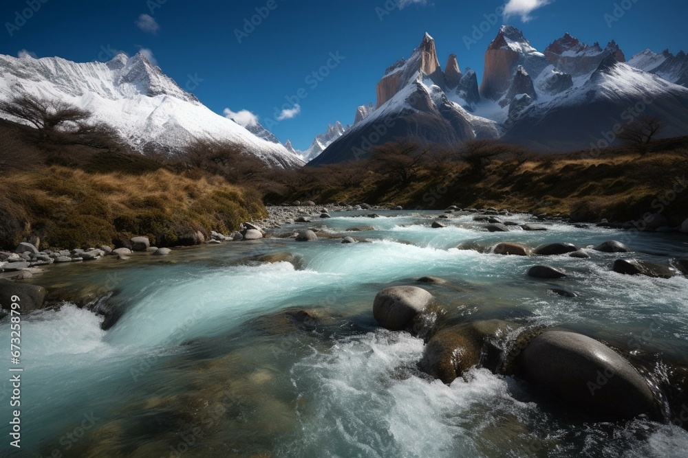 Scenic landscape with icy water and towering peaks. Generative AI