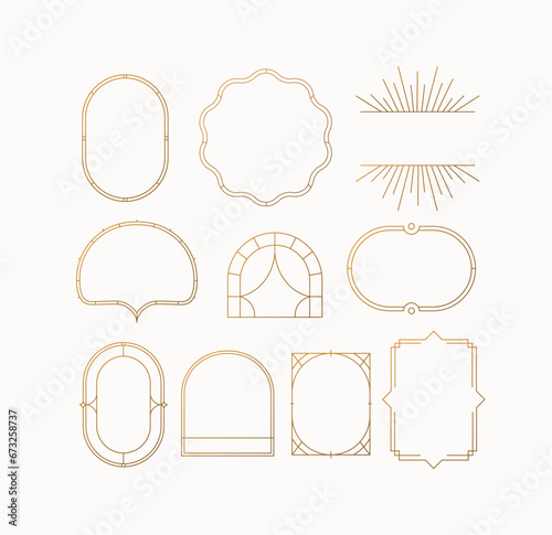Art deco frames drawing in linear style on beige background.