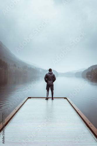 Man stands alone on the edge of a pier, looking out at the view of the water and distant horizon