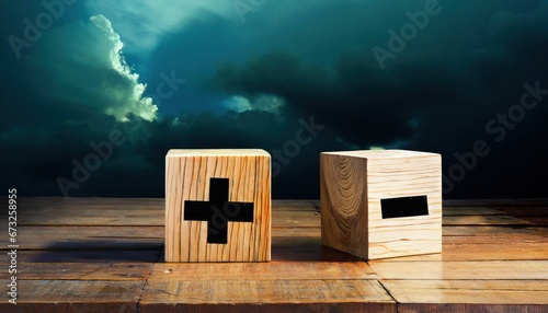 Black of plus and minus sign in on wooden cube copy space photo