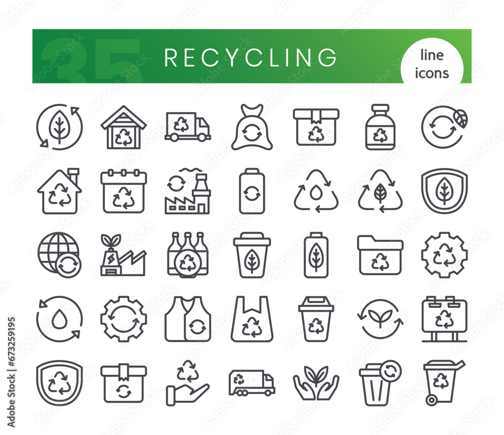 Set of recycling icons. Thin outline style icon bundle. Vector Illustration
