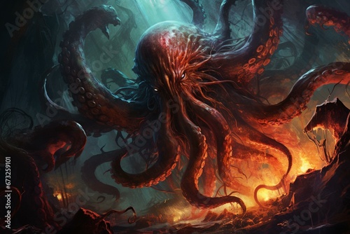 Digital artwork depicting monstrous tentacles. Generative AI