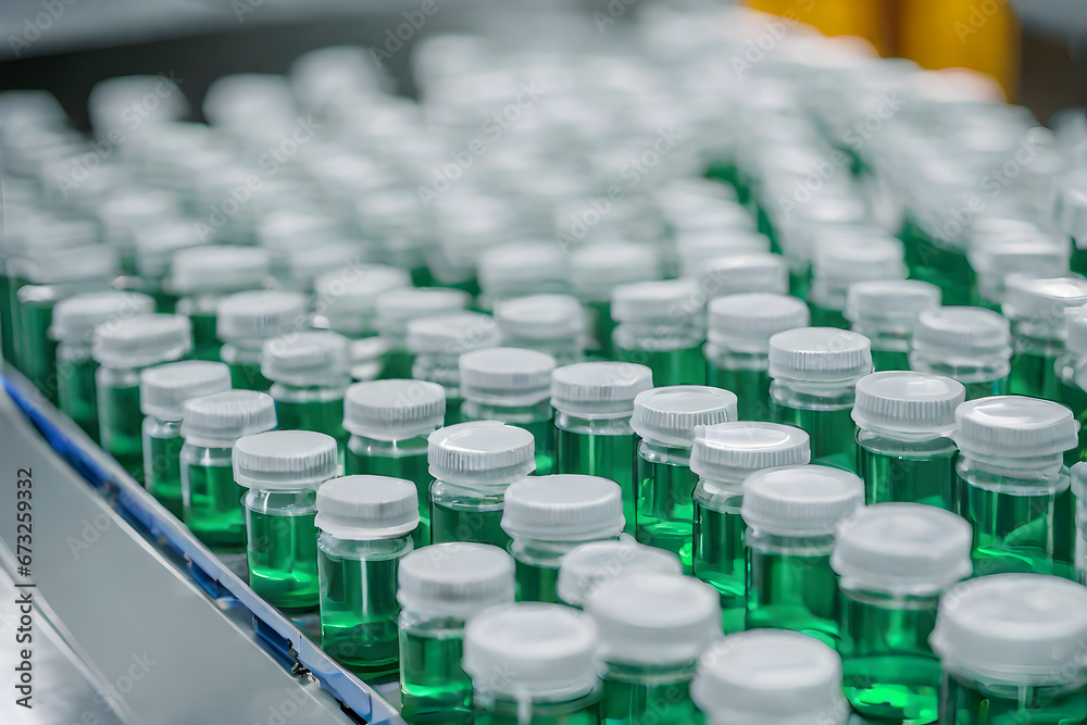 Medical vials on production line at pharmaceutical factory. AI generated Medical vials on production line at pharmaceutical factory. AI generated