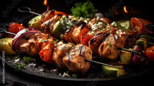 Grilled Chicken Barbecue Roasted Shish Kebab Served on a Plate Blurry Background