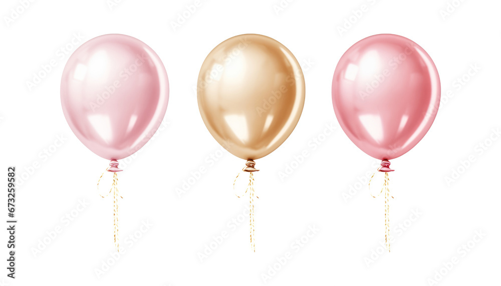 gold pink party balloons isolated on transparent background cutout