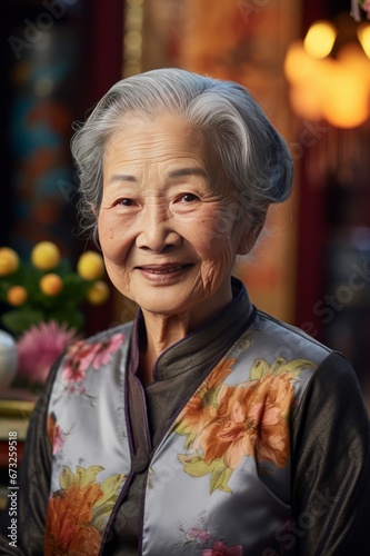 Beautiful aged asian woman portrait. AI generative