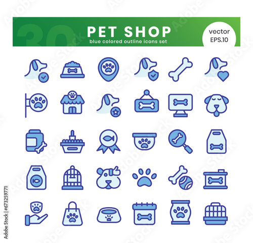 Set of pet shop icons. Blue colored outline style icon bundle. Vector Illustration