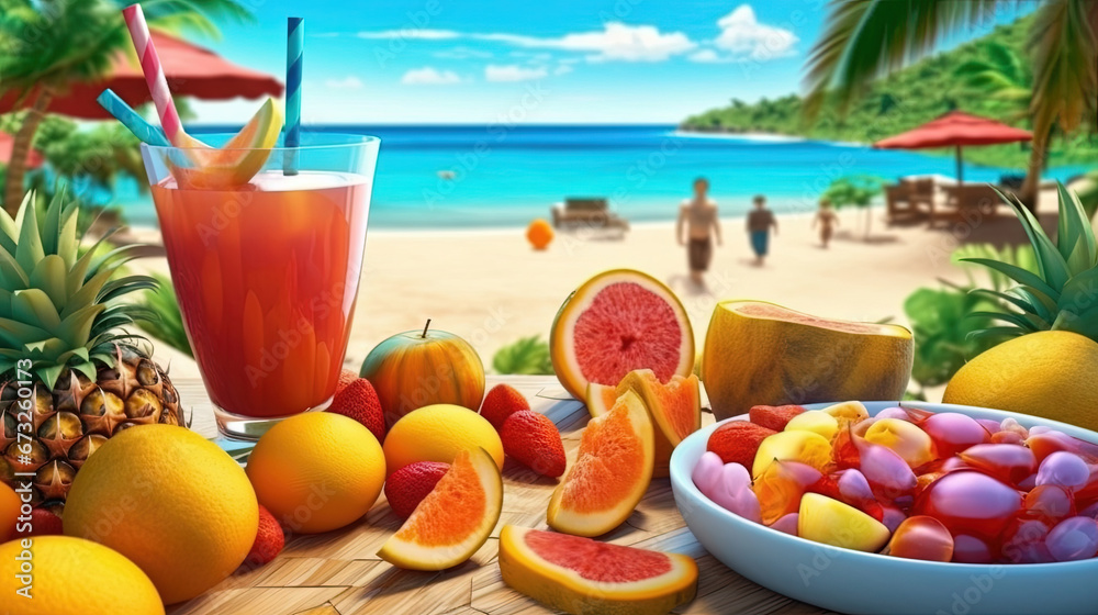 Summer Tropical Beach Background with Fresh Juice Coctail and Fruits Center of the Canvas Blurry Background