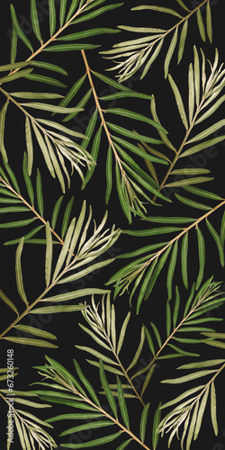 Abstract background of sea buckthorn leaves on black background. Wallpaper for cell phone or bookmark.