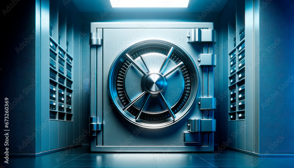 Bank vault door in blue tone. Generative AI Bank vault door in blue tone. Generative AI