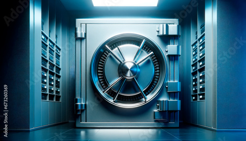 Bank vault door in blue tone. Generative AI