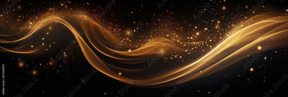 Glowing Christmas Award. Abstract Gold Sparkles and Swirls on Black Background - obrazy, fototapety, plakaty 