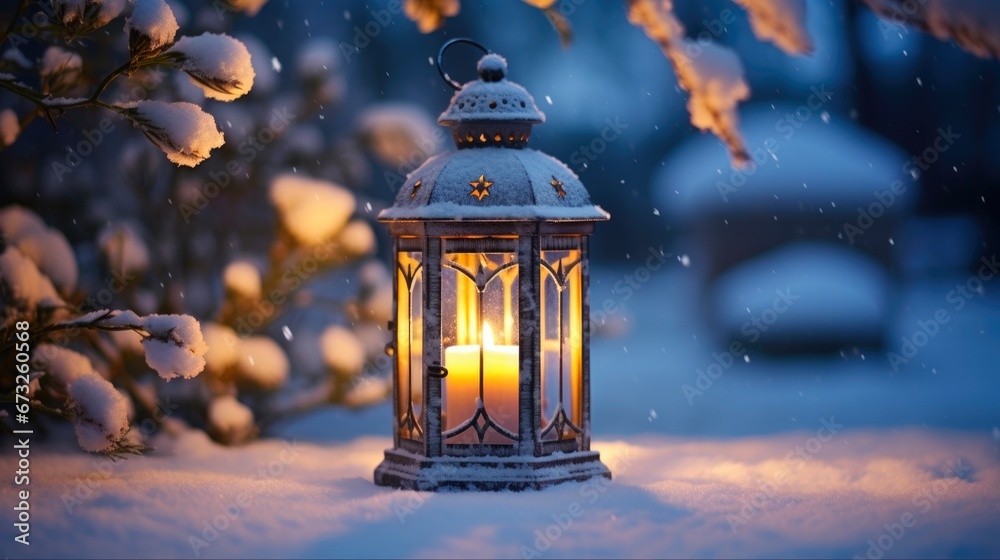 Lantern Christmas: Candlelit Winter Wonderland under Snowy Branches in Twilight