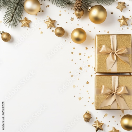 Golden Christmas Presents Border. Festive Frame with Gifts, Baubles, and Decorations on White Wood Background © AIGen