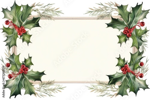 Festive Holly Frame: A Christmas Illustration with Holly Leaves, Berries, and Ribbons in Red and Green