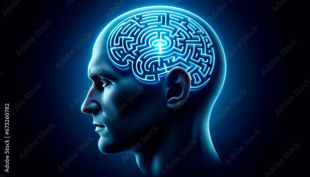 Fototapeta premium human head with brain maze on dark blue background. Generative AI