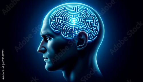 human head with brain maze on dark blue background. Generative AI