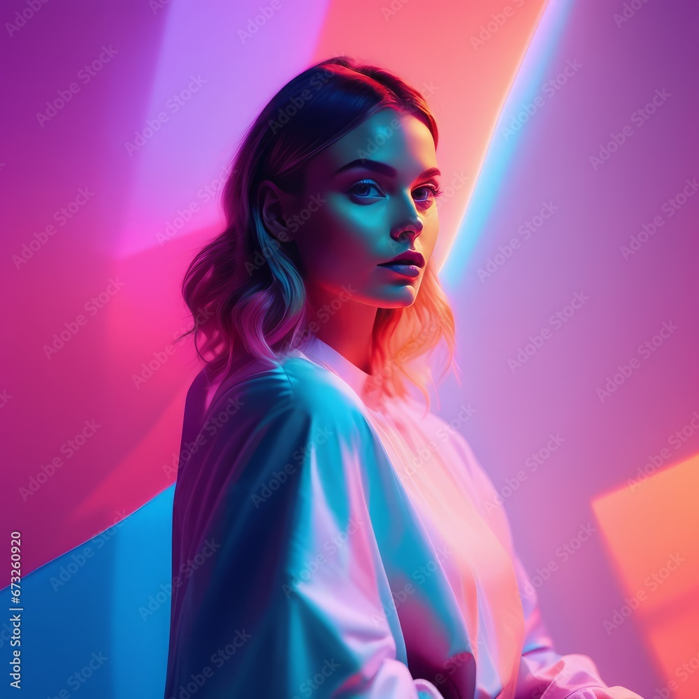 beautiful girl with a bright makeup in the lights beautiful girl with a bright makeup in the lights portrait of young woman in colorful gradient studio