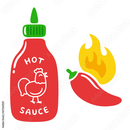 Hot sauce bottle and spicy chili pepper doodle