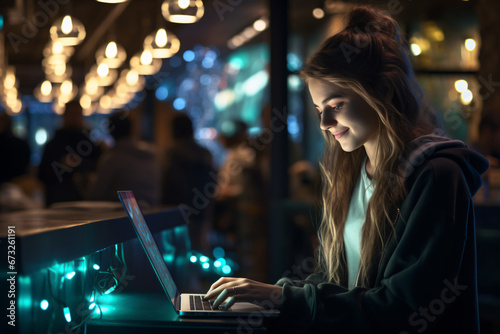 Young woman using a laptop in a quiet bar at night. Lighting and pleasant atmosphere.