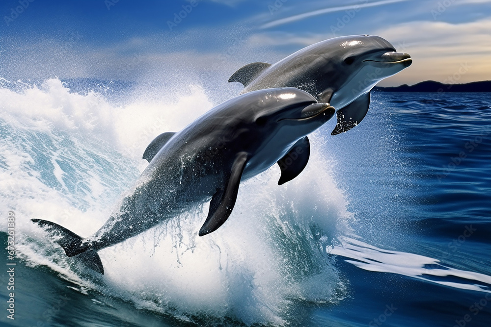 Fototapeta premium The two playful dolphins are jumping across the waves of the vast ocean at sunset sunrise, morning. Generative AI.