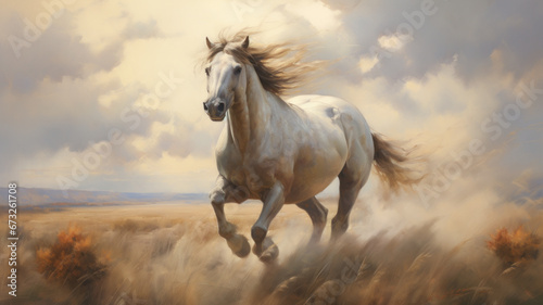 Painting of a horse running in the open grassland.