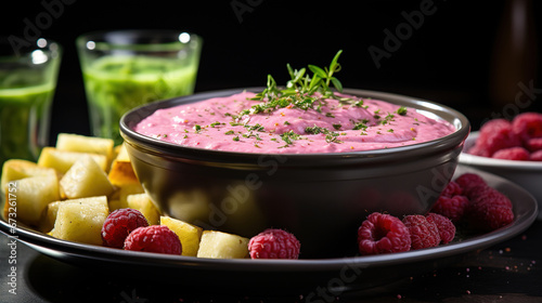 Cold Beet Pink Delicious Soup in Garnished Bowl on Selective Focus Background