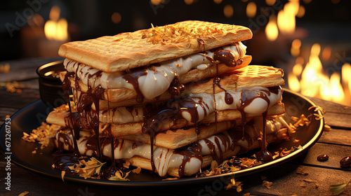 Delicious Slices of Bread Filled With Cream and Chocolate Dripping on It on Wooden Table Selective Focus