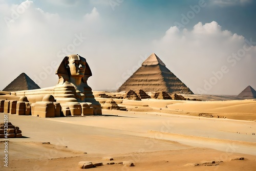 great sphinx of giza  Monumental sculpture of the Sphinx and the great pyramids in the background  Giza Plateau  Egypt