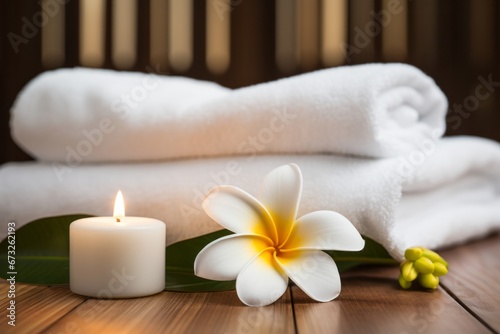 SPA composition - white towels  candles and frangipani flowers. AI generative