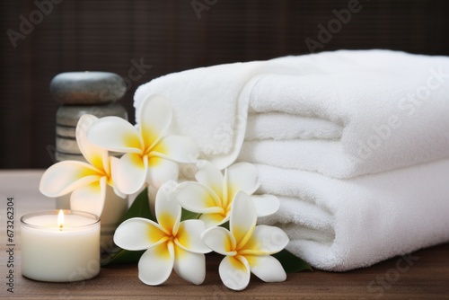 SPA composition - white towels, candles and frangipani flowers. AI generative