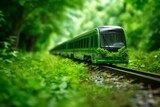 Train or bus in nature with green leaves. Concept of green and ecological mobility, ecology, and renewable resources. Sustainable mobility. Generative AI