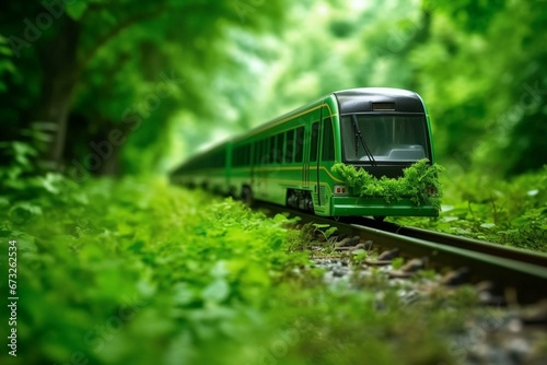 Train or bus in nature with green leaves. Concept of green and ecological mobility, ecology, and renewable resources. Sustainable mobility. Generative AI photo