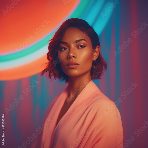 beautiful african american woman in colorful dress posing with neon light on background.beautiful african american woman in colorful dress posing with neon light on background.beautiful african americ photo
