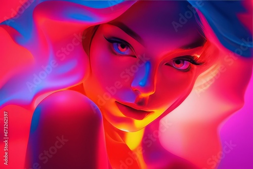 beautiful young woman with pink lips  blue and purple color. fashion illustration.beautiful young woman with pink lips  blue and purple color. fashion illustration.neon light painting. 3d render of a 