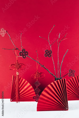 Chinese New Year .Decor pattern fan on red background. Red paper fans .Lunar New Year banner template. Color of the year Lunar New Year chinese banner new year