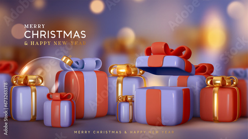 Christmas lilac background with pile purple and red gift box gold bow, open surprise gift, glass ball decoration. realistic 3d style, blurred bokeh lights effect. Vector illustration